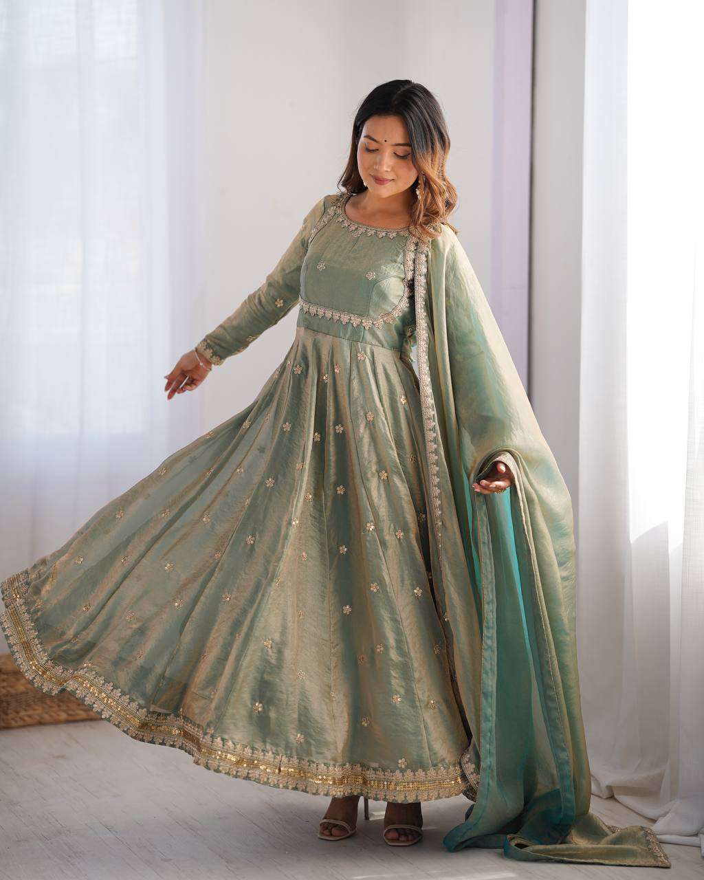 Women's Fandy Silk Coding with Sequnce work Long Anarkali Kurti Gown With Dupatta - Image 6